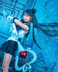 Rule 34 | absurdres, bishoujo senshi sailor moon, blue background, cosplay, highres, kyoko, sailor pluto, sailor pluto (cosplay), snow, staff (weapon)