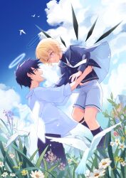 Rule 34 | 2boys, arknights, arksushi1, bird, black hair, blonde hair, blue eyes, blue sky, executor (arknights), field, flower, flower field, halo, hands on another&#039;s waist, highres, insider (arknights), male focus, multiple boys, necktie, shorts, sky, thigh strap, white shorts, wings
