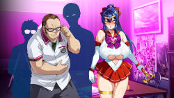 Rule 34 | 1girl, 3boys, absurdres, ahegao, aomiya mizuha (juukon sentai juusoldier), areola slip, bare shoulders, blue hair, blush, bow, breasts, brooch, brown hair, choker, cleavage, cleavage cutout, clenched hand, clothing cutout, cum, cum drool, cum on body, cumdrip, diadem, dress, elbow gloves, glasses, gloves, hair bow, hair ornament, half-closed eyes, heart, heart-shaped pupils, heart choker, heart cutout, highres, inverted nipples, jewelry, juukon sentai juusoldier (takeda hiromitsu), large breasts, legs together, lips, long hair, looking at viewer, mind control, miniskirt, multiple boys, navel, navel cutout, oomori yasuharu (juukon sentai juusoldier), open mouth, pink eyes, ponytail, red bow, sailor dress, saliva, shiny skin, skindentation, skirt, standing, sweat, symbol-shaped pupils, takeda hiromitsu, teeth, thick thighs, thigh strap, thighs, tiara, tongue, underboob, underboob cutout, upper teeth only, wand