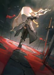 Rule 34 | 1girl, armor, banner, battle standard, bird, black thighhighs, blonde hair, blood on ground, breasts, chain, fate/grand order, fate (series), faulds, flag, gauntlets, headpiece, highres, holding, holding flag, jeanne d&#039;arc (fate), jeanne d&#039;arc (ruler) (fate), large breasts, limart, long hair, looking up, open mouth, planted, planted sword, planted weapon, simple background, sword, thighhighs, war flag, weapon