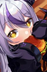 Rule 34 | + +, 1girl, ascot, black horns, braid, braided bangs, burger, eating, food, highres, holding, holding food, hololive, horns, la+ darknesss, la+ darknesss (1st costume), looking at viewer, multicolored hair, pointy ears, purple hair, sleeves past fingers, sleeves past wrists, solo, streaked hair, striped horns, tsunzuki, virtual youtuber, yellow ascot, yellow eyes