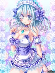 Rule 34 | 1girl, apron, artist request, blue eyes, blue hair, breasts, cleavage, collarbone, dress, hair ribbon, halterneck, jewelry, large breasts, maid apron, necklace, psychic hearts, ribbon, sleeveless, sleeveless dress, solo