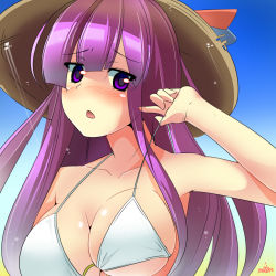 Rule 34 | 1girl, absurdres, artist name, bikini, blue sky, blush, breasts, cleavage, collarbone, hat, highres, large breasts, long hair, looking at viewer, miton (turuyasann), open mouth, patchouli knowledge, purple eyes, purple hair, signature, sky, solo, strap pull, straw hat, string bikini, swimsuit, touhou, upper body, white bikini