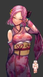 Rule 34 | 1girl, arm behind back, arm up, at2., bare shoulders, blue hair, blush, closed mouth, cowboy shot, detached sleeves, floral print, forehead, hair ribbon, hand in own hair, head tilt, highres, japanese clothes, kimono, long sleeves, looking at viewer, minecraft, mole, mole under eye, multicolored hair, multiple views, obi, pink hair, pink kimono, pink lips, print kimono, red ribbon, ribbon, sash, seductive smile, short hair, smile, standing, tsurime, two-tone hair, underbust, wide sleeves, yellow eyes