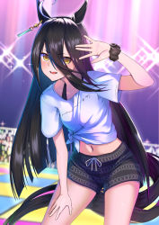 Rule 34 | 1girl, ahoge, animal ears, black hair, black male swimwear, black swim trunks, breasts, diffraction spikes, earrings, gaze on me! outfit (umamusume), hair between eyes, hand on own thigh, hand up, highres, horse ears, horse girl, horse tail, jewelry, long hair, looking at viewer, male swimwear, manhattan cafe (umamusume), midriff, multicolored hair, navel, open mouth, print male swimwear, print swim trunks, print swimsuit, scrunchie, shirt, single earring, small breasts, smile, solo, stage, standing, streaked hair, swim trunks, swimsuit, tail, tied shirt, tks (526tks), umamusume, white shirt, wrist scrunchie, yellow eyes