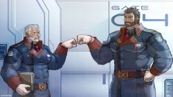 Rule 34 | 2boys, absurdres, bara, blue eyes, check copyright, clenched hand, connected beard, copyright request, covered abs, cowboy shot, fist bump, gloves, grey hair, height difference, highres, huge pectorals, indoors, large pectorals, male focus, mature male, military uniform, multicolored hair, multiple boys, muscular, muscular male, necktie, old, old man, onionworkshop, original, paid reward available, pectorals, short hair, sideburns, smile, streaked hair, strongman waist, uniform, white hair, wrinkled skin