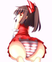Rule 34 | 1girl, ass, bare shoulders, barefoot, blush, bow, brown hair, detached sleeves, from behind, hair bow, hakurei reimu, huge ass, japanese clothes, long hair, looking back, miko, oimonocake, panties, pantyshot, ponytail, seiza, sitting, skirt, solo, striped clothes, striped panties, touhou, underwear, upskirt