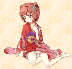 Rule 34 | 1girl, akaza akari, arm support, collarbone, double bun, floral print, flower, hair flower, hair ornament, japanese clothes, kimono, legs, looking away, no shoes, obi, pink eyes, red hair, sash, short hair, sitting, solo, tabi, takahashi (dega mo), yokozuwari, yuru yuri