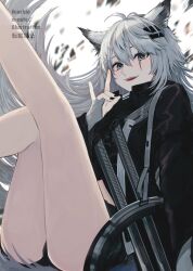 Rule 34 | 1girl, :d, ahoge, animal ears, arknights, artist name, bare legs, black nails, black shorts, commentary, feet out of frame, fingerless gloves, fox shadow puppet, gloves, grey eyes, grey gloves, grey hair, highres, k-yosinori, lappland (arknights), legs up, long hair, long sleeves, looking at viewer, nail polish, open mouth, short shorts, shorts, sitting, smile, solo, sword, very long hair, weapon, wolf ears
