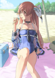 Rule 34 | 1girl, bare legs, blue one-piece swimsuit, breasts, brown eyes, clothes writing, collarbone, day, food, hair between eyes, highres, holding, holding food, ice cream, johnston (kancolle), kantai collection, light brown hair, long hair, medium breasts, one-piece swimsuit, parasol, sand, see-through, shore, solo, swimsuit, swimsuit cover-up, taruya, tongue, tongue out, two side up, umbrella