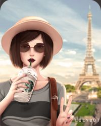 Rule 34 | 1girl, absurdres, artist name, black hair, black lips, blue sky, closed mouth, coffee, cup, day, drinking straw, earrings, eiffel tower, fingernails, grey eyes, grey shirt, highres, holding, holding cup, jewelry, lips, lipstick, looking at viewer, lulybot, makeup, nail polish, nose, original, outdoors, paris, parted bangs, parted lips, pearl earrings, purple nails, real world location, ring, rounded corners, shirt, short hair, sky, solo, starbucks, strap, striped clothes, striped shirt, sunglasses, swept bangs, upper body, v