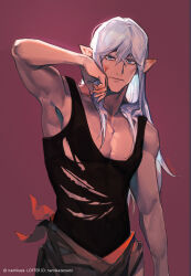 Rule 34 | 1boy, absurdres, arm at side, armpits, black tank top, blood, blood on face, blue eyes, brown pants, elezen, elf, estinien varlineau, final fantasy, final fantasy xiv, hair between eyes, highres, lofter username, long hair, looking at viewer, male focus, namikaze (dobbyka), pants, pectorals, pointy ears, red background, shirt, simple background, tank top, toned, toned male, torn clothes, torn shirt, white hair, wiping face
