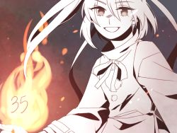 Rule 34 | 1girl, bad id, bad pixiv id, fire, long sleeves, looking at viewer, min (brbird98), monochrome, mononobe no futo, open mouth, ribbon, smile, solo, touhou, wide sleeves