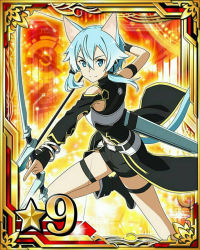 Rule 34 | 10s, 1girl, animal ears, armor, arrow (projectile), black footwear, black ribbon, black shorts, blue eyes, blue hair, bow (weapon), bracelet, breastplate, card (medium), cat ears, cat tail, detached sleeves, drawing bow, hair between eyes, hair ribbon, holding, holding bow (weapon), holding weapon, index finger raised, jewelry, leg up, ribbon, shoes, short hair with long locks, short shorts, shorts, sidelocks, sinon, sinon (sao-alo), smile, solo, star (symbol), sword art online, tail, thigh strap, weapon