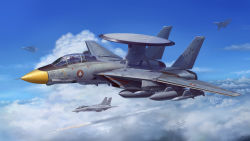 Rule 34 | 2017, airborne early warning and control, aircraft, airplane, battle, canopy, cloud, cloudy sky, commentary, contrail, dated, english commentary, f-14 tomcat, firing, fleet, flying, highres, jeffholy, macross, macross zero, mecha, missile, original, radar dish, real life, realistic, redesign, robot, roundel, science fiction, signature, sky, u.n. spacy, variable fighter, vehicle focus, vf-0, when you see it