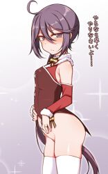 Rule 34 | 1girl, ahoge, akebono (kancolle), ass, black bow, blush, bottomless, bow, closed mouth, cowboy shot, detached sleeves, hair between eyes, jewelry, kantai collection, long hair, looking at viewer, official alternate costume, purple eyes, purple hair, ring, side ponytail, solo, sparkle, thighhighs, translation request, wedding ring, white thighhighs, yuki to hana