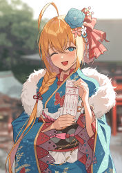 Rule 34 | 1girl, ;d, ahoge, animal print, blonde hair, blue eyes, blue kimono, blurry, blurry background, blush, butterfly print, dango hair ornament, day, flower, flower knot, food-themed hair ornament, fur scarf, furisode, goumudan, hair between eyes, hair flower, hair ornament, hair over shoulder, hair ribbon, hair stick, hatsumoude, highres, holding, holding paper, japanese clothes, kimono, long hair, looking at viewer, new year, obi, obiage, obijime, official alternate costume, omikuji, one eye closed, open mouth, orange hair, outdoors, paper, pecorine (new year) (princess connect!), pecorine (princess connect!), princess connect!, ribbon, sash, shrine, smile, solo, sunlight, upper body, wide sleeves