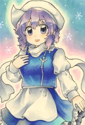 Rule 34 | 1girl, apron, blue skirt, blue vest, breasts, commentary request, cowboy shot, frilled skirt, frills, hand on own chest, hat, highres, juliet sleeves, lapel pin, letty whiterock, light purple hair, long sleeves, maa (forsythia1729), marker (medium), medium breasts, puffy sleeves, purple eyes, ribbon, short hair, skirt, snowflakes, touhou, traditional media, turtleneck, vest, waist apron, wavy hair, white apron, white hat, white ribbon