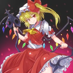 Rule 34 | ascot, back bow, blonde hair, bow, collared shirt, crystal, flandre scarlet, frilled shirt collar, frilled skirt, frilled sleeves, frills, hat, hat ribbon, highres, laevatein (tail), laevatein (touhou), medium hair, mob cap, norori, one side up, puffy short sleeves, puffy sleeves, red ribbon, red skirt, red vest, ribbon, shirt, short sleeves, skirt, skirt set, slit pupils, tail, touhou, vest, white bow, white hat, white shirt, wings, wrist cuffs, yellow ascot