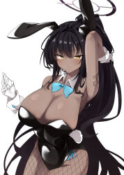 Rule 34 | 1girl, absurdres, animal ears, armpits, black hair, black halo, black leotard, blue archive, blue bow, blue bowtie, bow, bowtie, breasts, cleavage, closed mouth, dark-skinned female, dark skin, detached collar, fake animal ears, fake tail, fishnet pantyhose, fishnets, gloves, halo, highres, karin (blue archive), karin (bunny) (blue archive), large breasts, leotard, long hair, looking at viewer, official alternate costume, pantyhose, playboy bunny, ponytail, rabbit ears, rabbit tail, shoulder tattoo, solo, soon (k mkc4), tail, tattoo, very long hair, white gloves, yellow eyes