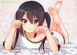 Rule 34 | 1girl, bad id, bad pixiv id, barefoot, black hair, blush, brown eyes, closed mouth, collarbone, cover, dress shirt, feet, full body, hair between eyes, k-on!, long hair, looking at viewer, lying, nakano azusa, off-shoulder shirt, off shoulder, on stomach, paw pose, shirt, short sleeves, smile, soles, solo, tears, the pose, tina1213, toes, twintails, twitter username, watermark, white shirt