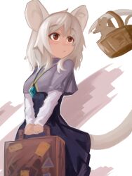 Rule 34 | 1girl, absurdres, animal ears, basket, blush, breasts, capelet, clip studio paint (medium), closed mouth, commentary request, crystal, dress, grey capelet, grey dress, grey hair, highres, holding luggage, jewelry, layered clothes, lenserd, long sleeves, looking afar, mouse (animal), mouse ears, mouse girl, mouse tail, nazrin, paid reward available, pendant, red eyes, shirt, small breasts, solo, tail, touhou, white shirt