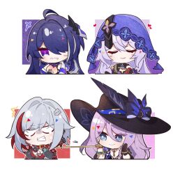 Rule 34 | 4girls, acheron (honkai: star rail), black choker, black gloves, black swan (honkai: star rail), cheschorv, chibi, chibi only, choker, closed eyes, collar, detached sleeves, eating, food, fruit, gloves, hair over one eye, hat, heart, highres, holding, holding food, holding fruit, holding leash, honkai: star rail, honkai (series), jade (honkai: star rail), jewelry, leash, leash pull, long hair, looking at another, multicolored hair, multiple girls, peach, pink hair, purple eyes, purple hair, purple veil, simple background, single bare shoulder, streaked hair, tears, topaz (honkai: star rail), white eyes, white hair