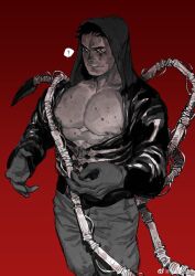 Rule 34 | 1boy, ?, abs, bara, bare pectorals, blood, blood on chest, blood on pectorals, caiman (dorohedoro), dorohedoro, feet out of frame, gloves, highres, hood, hood up, jacket, large pectorals, looking at viewer, male focus, mature male, muscular, muscular male, nipples, open clothes, open jacket, pants, pectorals, poopvirus, red background, sanpaku, seductive smile, short hair, sideburns, skeleton print, smile, solo, spoilers, spoken question mark, standing, sweat, thick eyebrows
