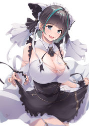 Rule 34 | 1girl, absurdres, animal ears, apron, aqua eyes, aqua hair, azur lane, bare shoulders, black apron, black hair, border, breasts, cheshire (azur lane), cleavage, commentary request, dermar, detached sleeves, fake animal ears, fang, frilled apron, frilled hairband, frilled ribbon, frills, garter straps, green background, hairband, highres, huge breasts, large breasts, long ribbon, looking at viewer, maid, maid headdress, multicolored hair, paw print, paw print background, puffy detached sleeves, puffy sleeves, ribbon, signature, skin fang, solo, streaked hair, striped, striped background, two-tone background, two-tone hair, white border, wrist cuffs