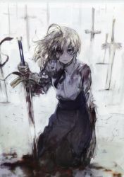 Rule 34 | 1girl, absurdres, ahoge, artoria pendragon (fate), black hair, blonde hair, blood, blood on face, bloody weapon, excalibur (fate/stay night), fate/stay night, fate (series), field of blades, highres, holding, holding sword, holding weapon, kneeling, looking at viewer, pantyhose, planted, planted sword, planted weapon, saber (fate), short hair, skirt, snow, solo, sword, toi8, weapon