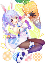 Rule 34 | 1girl, absurdres, animal ear fluff, animal ears, black gloves, black leotard, black pantyhose, blue bow, blue footwear, blue hair, bow, braid, breasts, bridal garter, carrot, carrot hair ornament, character name, chocomarybadend, coat, commentary, commentary request, creature, detached sleeves, english text, food, food-themed hair ornament, full body, fur-trimmed coat, fur-trimmed gloves, fur trim, gloves, hair ornament, happy birthday, heart, highres, holding, holding food, holding vegetable, hololive, leotard, long hair, looking at viewer, multicolored hair, open mouth, outline, oversized food, oversized object, pantyhose, puffy short sleeves, puffy sleeves, rabbit ears, rabbit girl, rabbit tail, short eyebrows, short sleeves, small breasts, smile, solo, star (symbol), starry background, strapless, strapless leotard, striped, symbol-only commentary, tail, thick eyebrows, thigh strap, translucent hair, twin braids, two-tone hair, usada pekora, usada pekora (1st costume), vegetable, very long hair, virtual youtuber, white bow, white coat, white footwear, white hair, white outline