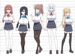 Rule 34 | 5girls, ahoge, akitokage, black hair, black thighhighs, blonde hair, blue bow, bow, braid, breasts, brown eyes, brown footwear, brown hair, clenched hands, green eyes, hair ornament, hairclip, hand on own chest, height chart, large breasts, legs, multiple girls, nozomi (akitokage), nozomi (akitokage01), original, pantyhose, plaid, plaid skirt, ponytail, purple eyes, red bow, red eyes, red hair, school uniform, shirt, skirt, thighhighs, white hair, white pantyhose, white shirt