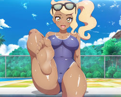Rule 34 | 1girl, :d, alternate skin color, bad id, bad twitter id, barefoot, blonde hair, blue-senpai, blush, breasts, cloud, commentary, covered navel, creatures (company), dark-skinned female, dark skin, day, eyelashes, eyewear on head, feet, game freak, large breasts, leg up, long hair, looking at viewer, nintendo, one-piece swimsuit, open mouth, outdoors, palm tree, pokemon, pokemon swsh, pool, shiny clothes, shiny skin, side ponytail, sitting, sky, smile, soles, solo, sonia (pokemon), sunglasses, swimsuit, tiles, toes, tongue, tree, water, yellow eyes