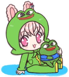 Rule 34 | 1girl, ai-assisted, animal costume, animal ears, boy&#039;s club, frog, frog costume, looking at viewer, nodonmai, on ground, pepe the frog, phase connect, pink eyes, pink hair, pipkin pippa, rabbit ears, rabbit girl, sitting, solo, virtual youtuber