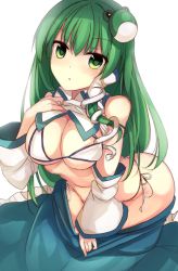 Rule 34 | 1girl, bare shoulders, bikini, blush, breast press, breasts, cleavage, clothes pull, detached collar, detached sleeves, frog hair ornament, green eyes, green hair, hair between eyes, hair ornament, hair tubes, hand on own chest, highres, janne cherry, kneeling, kochiya sanae, large breasts, leaning forward, long hair, looking at viewer, matching hair/eyes, micro bikini, navel, parted lips, side-tie bikini bottom, skirt, skirt pull, snake hair ornament, solo, standing, swimsuit, touhou, triangle mouth, underboob, undressing, white bikini