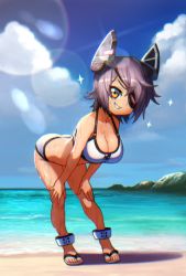 Rule 34 | 10s, 1girl, arched back, bare arms, bare legs, bare shoulders, barefoot sandals (jewelry), beach, bikini, blue sky, breasts, cleavage, cloud, collarbone, commentary request, day, eyepatch, full body, grin, hands on own knees, headgear, kantai collection, large breasts, leaning forward, lens flare, looking at viewer, ocean, orange eyes, outdoors, purple hair, sandals, short hair, sky, smile, solo, sparkle, standing, stomach, swimsuit, tan, tenryuu (kancolle), unknown showhey, water, wet