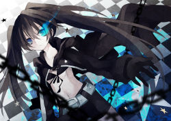 Rule 34 | 10s, 1girl, absurdres, belt, bikini, black gloves, black hair, black rock shooter, black rock shooter (character), blue eyes, chain, female focus, gloves, glowing, glowing eyes, hanepochi, highres, long hair, navel, scar, solo, star (symbol), swimsuit, twintails