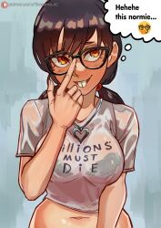 Rule 34 | 1girl, black hair, bra, bra visible through clothes, breasts, buck teeth, chainsaw man, cropped shirt, english text, glasses, heart, heart necklace, highres, jewelry, medium breasts, mitaka asa, navel, necklace, nerd emoji, orange eyes, patreon logo, print shirt, ribosoma 42, see-through, see-through shirt, shirt, solo, teeth, thought bubble, twintails, underwear, watermark, web address, white shirt