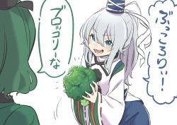 Rule 34 | 2girls, absurdres, blue eyes, blue headwear, blue skirt, broccoli, commentary, dress, food, green dress, green hair, grey hair, hat, highres, holding, holding food, holding vegetable, jacket, japanese clothes, kariginu, kawayabug, long hair, long sleeves, looking at another, mononobe no futo, multiple girls, open mouth, pom pom (clothes), ponytail, ribbon-trimmed sleeves, ribbon trim, short hair, simple background, skirt, soga no tojiko, speech bubble, tate eboshi, teeth, tongue, touhou, translated, vegetable, white background, white jacket, wide sleeves