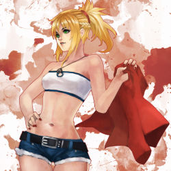 Rule 34 | 1girl, absurdres, bandeau, blonde hair, braid, breasts, denim, denim shorts, fate/apocrypha, fate (series), french braid, green eyes, hair ornament, hair scrunchie, hand on own hip, highres, holding, holding clothes, holding jacket, jacket, unworn jacket, jewelry, looking to the side, micro shorts, monori rogue, mordred (fate), mordred (fate/apocrypha), mordred (memories at trifas) (fate), nail polish, navel, non-web source, pendant, red nails, red scrunchie, scrunchie, shorts, small breasts, solo, thigh gap
