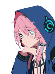 Rule 34 | 1girl, arknights, black ribbon, blue eyes, blue jacket, closed mouth, collared shirt, commentary request, hair between eyes, hand up, highres, hood, hood up, hooded jacket, jacket, long hair, long sleeves, looking at viewer, low twintails, neck ribbon, open clothes, open jacket, pink hair, ribbon, shirt, simple background, smile, solo, tetuw, twintails, upper body, white background, white shirt