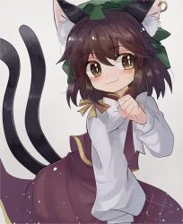 Rule 34 | 1girl, :3, animal ear fluff, animal ears, blush, bow, bowtie, bright pupils, brown eyes, brown hair, cat ears, cat tail, chen, commentary request, gold trim, hat, highres, light particles, long sleeves, looking to the side, medium hair, mob cap, multiple tails, nekomata, paw pose, plus2sf, puffy long sleeves, puffy sleeves, red skirt, red vest, simple background, skirt, skirt set, solo, tail, touhou, two tails, vest, white background, white bow, white bowtie, white pupils