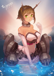 Rule 34 | 10s, 1girl, bare shoulders, breasts, bridal gauntlets, brown hair, cleavage, elbow gloves, gloves, green eyes, highres, instant ip, kantai collection, large breasts, light smile, lips, mutsu (kancolle), parted lips, short hair, signature, solo, white gloves