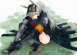 Rule 34 | 1girl, absurdres, animal ears, arknights, arm guards, armband, black jacket, black pants, blue gloves, commentary request, eyebrows hidden by hair, gloves, grani (arknights), grey eyes, grey footwear, head tilt, highres, hip vent, horse ears, horse girl, horse tail, huge filesize, hugging own legs, jacket, knee up, knees up, long hair, looking at viewer, midu5, pants, police, police uniform, ponytail, shoe soles, shoes, silver hair, sitting, sneakers, solo, tail, uniform, visor