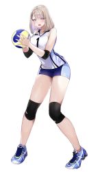 Rule 34 | 1girl, animal ears, ball, bare shoulders, blue footwear, blue shorts, bob cut, brown hair, colored inner hair, elbow pads, full body, grey eyes, highres, holding, holding ball, knee pads, leaning forward, long legs, looking at viewer, multicolored hair, nekometaru, open mouth, original, purple hair, shirt, shoes, short shorts, shorts, simple background, solo, sportswear, sweat, volleyball, volleyball (object), volleyball uniform, white background, white shirt