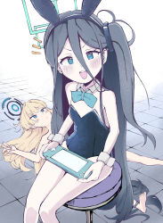 Rule 34 | 1girl, 2girls, absurdly long hair, absurdres, alternate costume, animal ears, aqua halo, aris (blue archive), black hair, black leotard, blonde hair, blue archive, blue bow, blue bowtie, blue eyes, blush, bow, bowtie, closed mouth, commentary request, controller, detached collar, fake animal ears, flat chest, game controller, green halo, hair between eyes, halo, highres, holding, holding controller, holding game controller, ippan keikenchi, leotard, long bangs, long hair, looking at viewer, lying, multiple girls, notice lines, on back, on chair, open mouth, playboy bunny, rabbit ears, rectangular halo, ringed eyes, side ponytail, sitting, smile, solo, strapless, strapless leotard, teeth, toki (blue archive), upper teeth only, v, very long hair, wrist cuffs