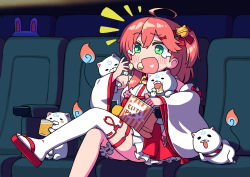 Rule 34 | 1girl, :d, bell, blush, crossed legs, crying, eating, food, green eyes, hair bell, hair ornament, heart, heart in mouth, highres, hololive, jingle bell, long sleeves, miniskirt, one side up, open mouth, pink hair, popcorn, red skirt, sabaku chitai, sakura miko, sakura miko (1st costume), sandals, single thighhigh, sitting, skirt, smile, solo, streaming tears, tears, thighhighs, virtual youtuber, white thighhighs, wide sleeves