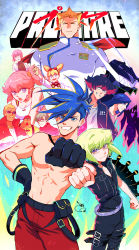 Rule 34 | anime coloring, bae (baebae), biar colossus, blonde hair, blue hair, clenched hand, everyone, fire, galo thymos, green fire, green hair, gueira, heris ardebit, highres, ignis ex, kray foresight, lio fotia, lucia fex, meis (promare), pink hair, promare, purple eyes, purple fire, remi puguna, spiked hair, varys truss
