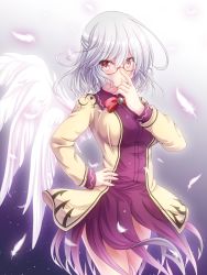 Rule 34 | 1girl, adjusting eyewear, beige jacket, bespectacled, black background, blush, bow, bowtie, breasts, brooch, commentary request, cowboy shot, dress, feathered wings, feathers, glasses, gradient background, hair between eyes, hand on own hip, hand up, highres, jacket, jewelry, kishin sagume, large breasts, long sleeves, looking at viewer, open clothes, open jacket, osashin (osada), purple dress, red-framed eyewear, red bow, red bowtie, red eyes, short dress, short hair, silver hair, single wing, solo, standing, thighs, touhou, white background, white wings, wings