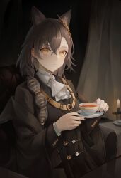 Rule 34 | 1girl, animal ears, arknights, ascot, black jacket, black nails, braid, braided ponytail, brown hair, candle, closed mouth, commentary request, cup, extra ears, green pupils, hair between eyes, hair ornament, highres, holding, holding cup, jacket, long hair, long sleeves, looking at viewer, mole, mole above eye, nail polish, penance (arknights), solo, styx mo yu, teacup, white ascot, wolf ears, wolf girl, yellow eyes